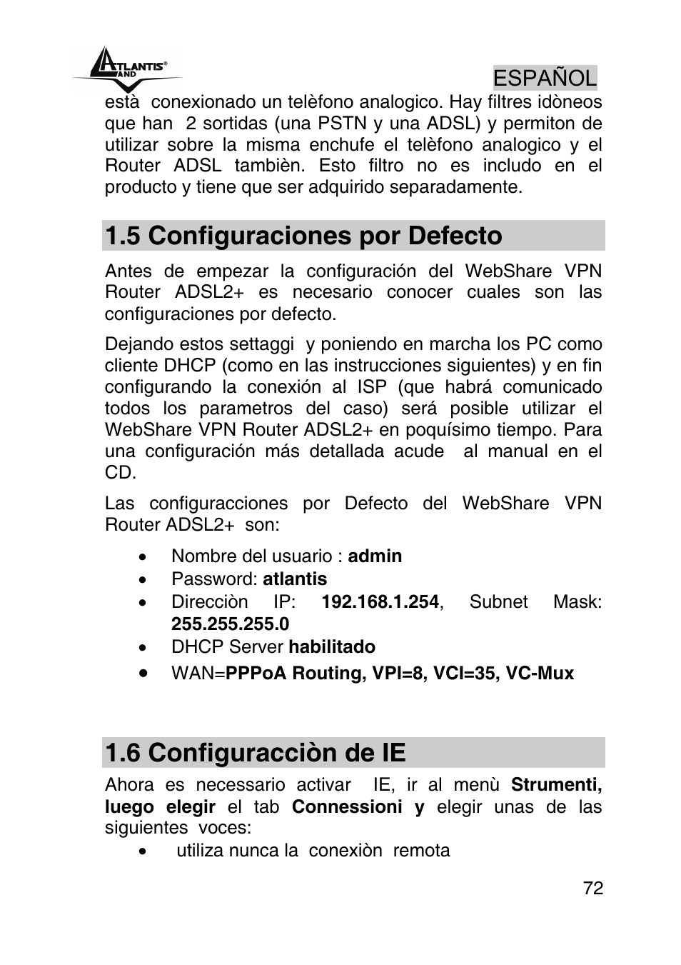 5 configuraciones por defecto, 6 configuracciòn de ie, Español | Atlantis Land A02-RA440 User Manual | Page 72 / 81