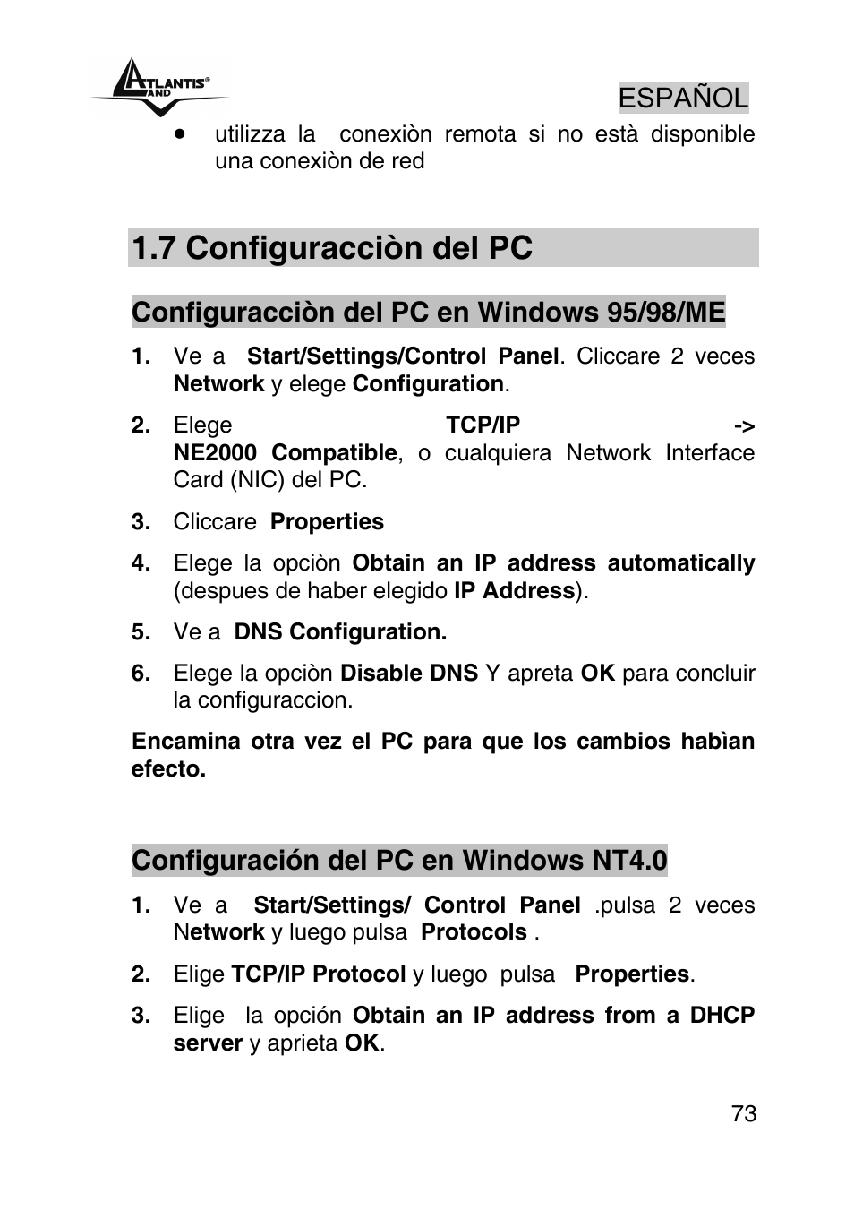 7 configuracciòn del pc | Atlantis Land A02-RA440 User Manual | Page 73 / 81