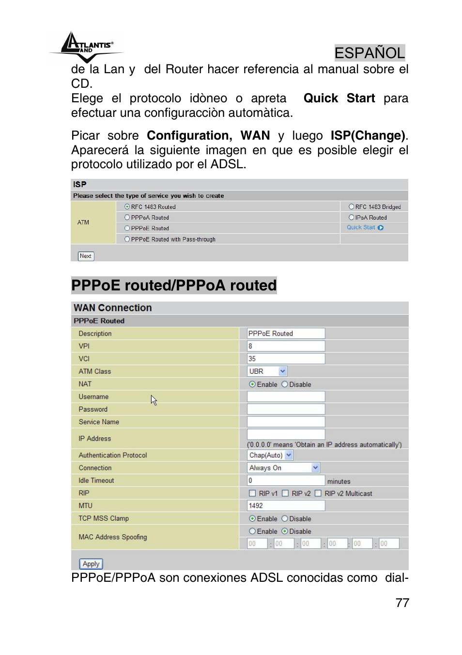 Español, Pppoe routed/pppoa routed | Atlantis Land A02-RA440 User Manual | Page 77 / 81