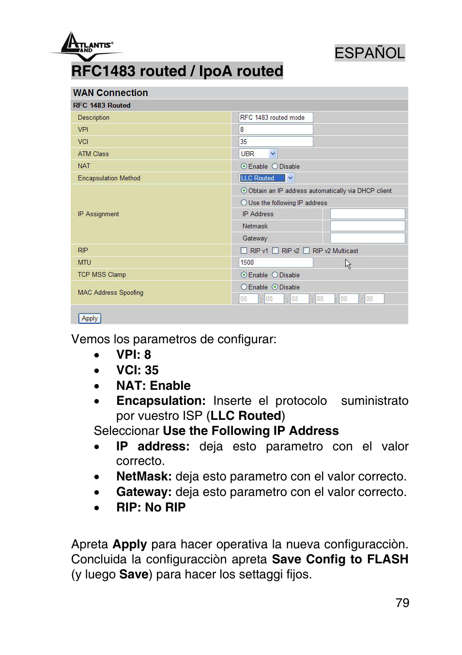 Español, Rfc1483 routed / ipoa routed | Atlantis Land A02-RA440 User Manual | Page 79 / 81