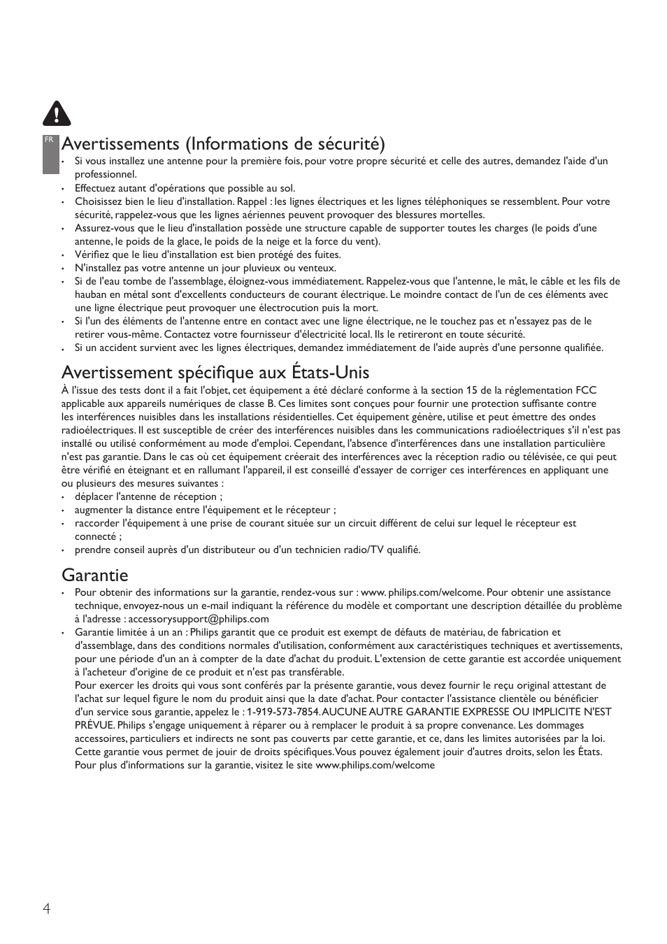 Avertissements (informations de sécurité), Avertissement spécifique aux états-unis, Garantie | Philips SDV4400-27 User Manual | Page 4 / 12