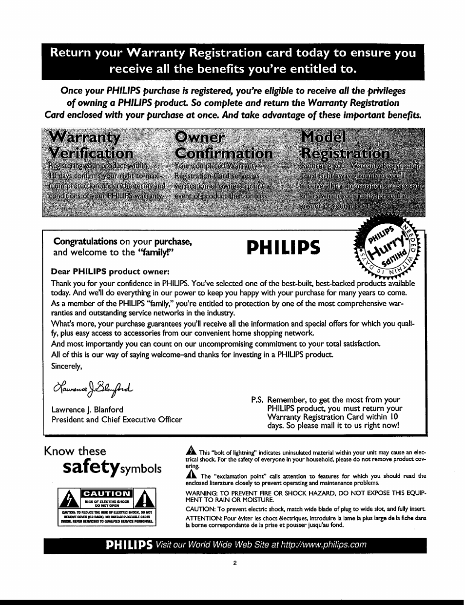 Philips, Warranty verification, Owner confirmation | Model re | Philips 32PT830H User Manual | Page 2 / 56