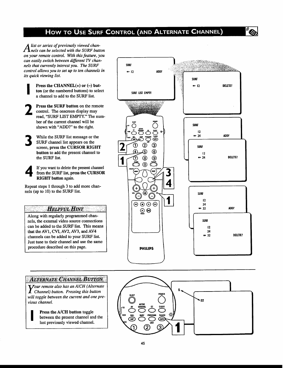 Helpful hint, Alternate channel button | Philips 32PT830H User Manual | Page 45 / 56