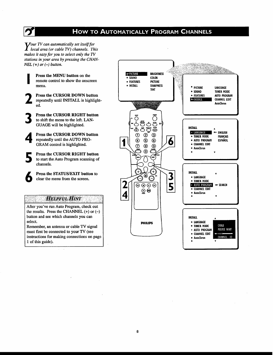 Helpful hint | Philips 32PT830H User Manual | Page 8 / 56