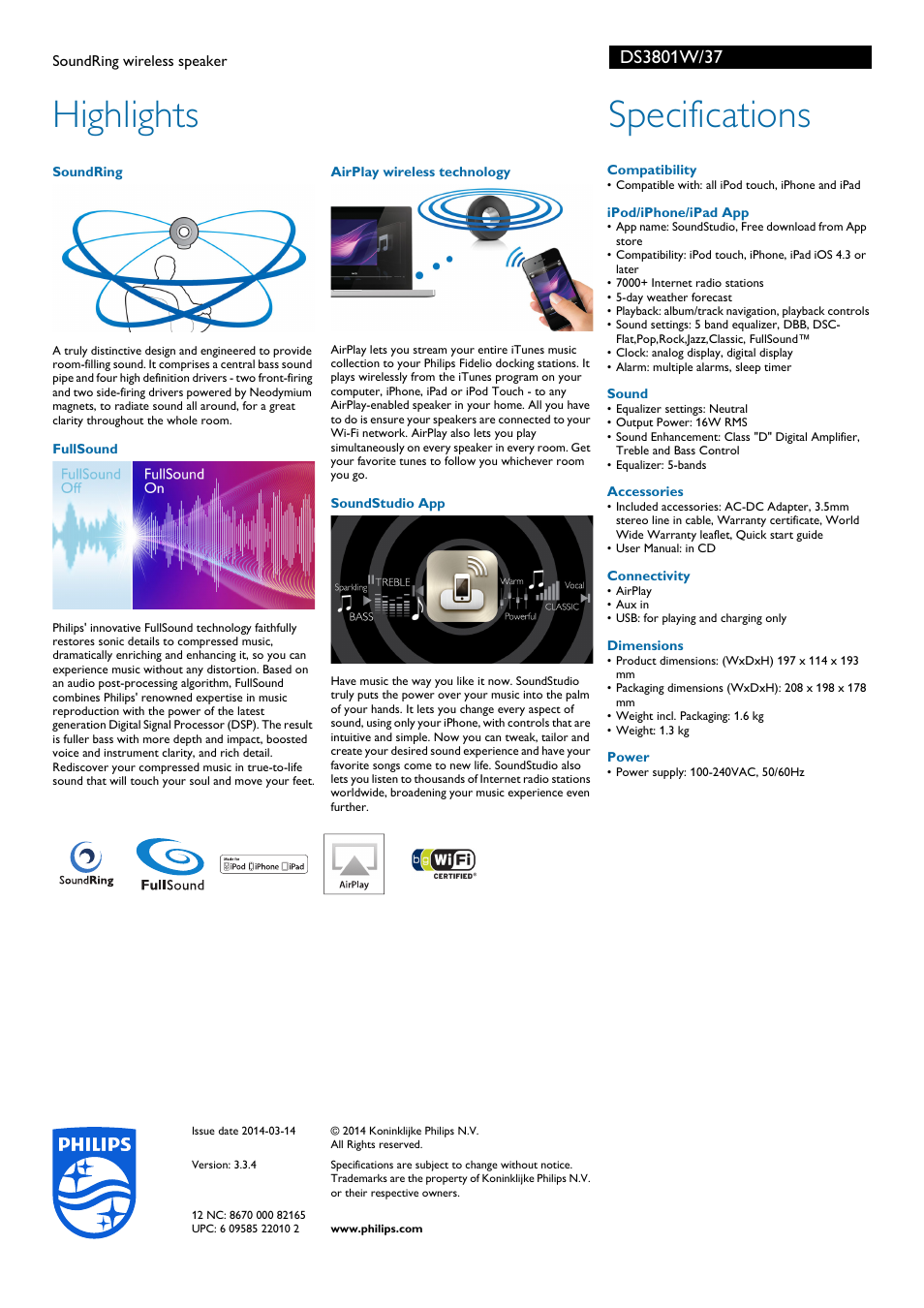 Highlights, Specifications | Philips Fidelio SoundRing wireless speaker DS3801W User Manual | Page 2 / 2