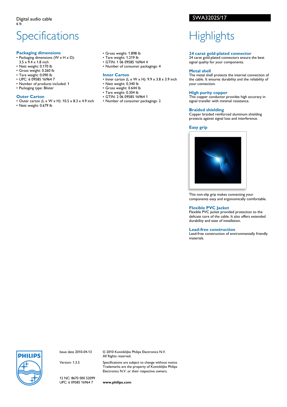 Specifications, Highlights | Philips SWA3202S-17 User Manual | Page 2 / 2