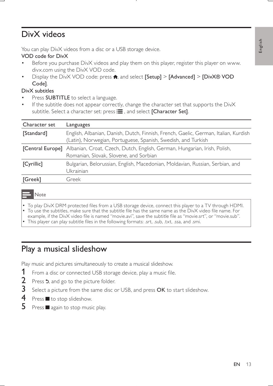 Divx videos, Play a musical slideshow | Philips BDP3250-05 User Manual | Page 12 / 52