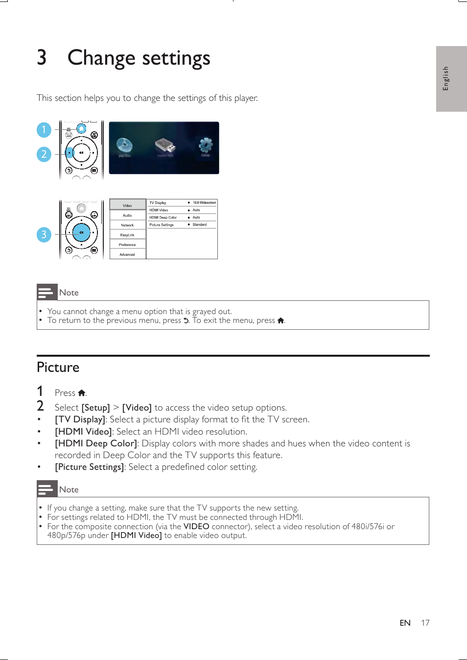 3 change settings, Picture 1 | Philips BDP3250-05 User Manual | Page 16 / 52