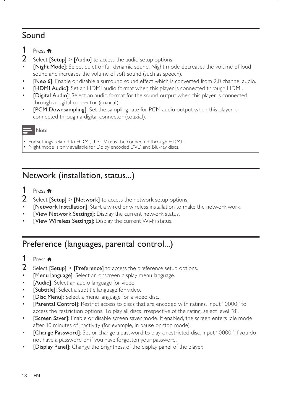 Sound 1, Network (installation, status...) 1, Preference (languages, parental control...) 1 | Philips BDP3250-05 User Manual | Page 17 / 52