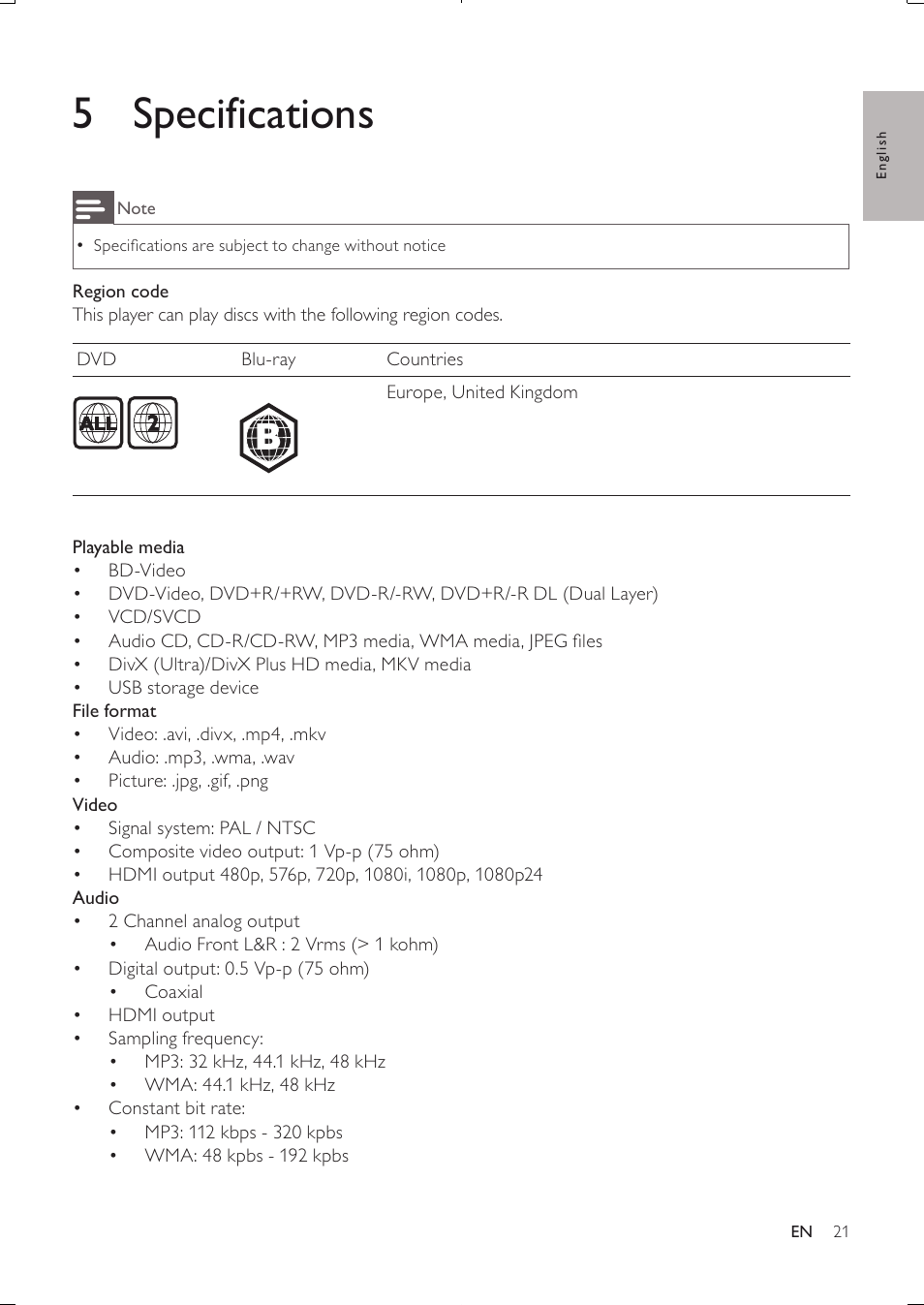 5 specifications | Philips BDP3250-05 User Manual | Page 20 / 52