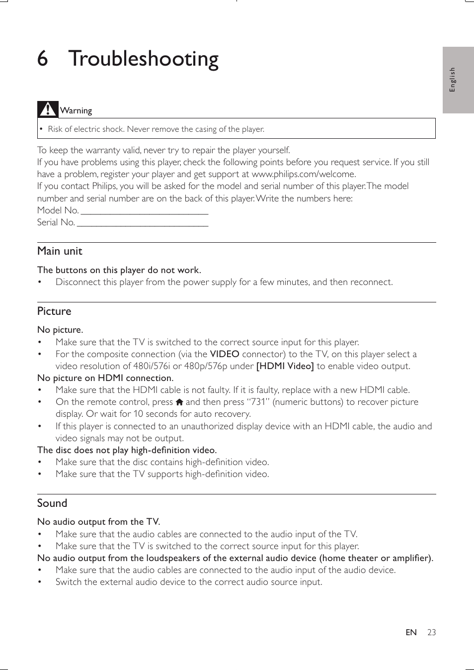 6 troubleshooting, Main unit, Picture | Sound | Philips BDP3250-05 User Manual | Page 22 / 52