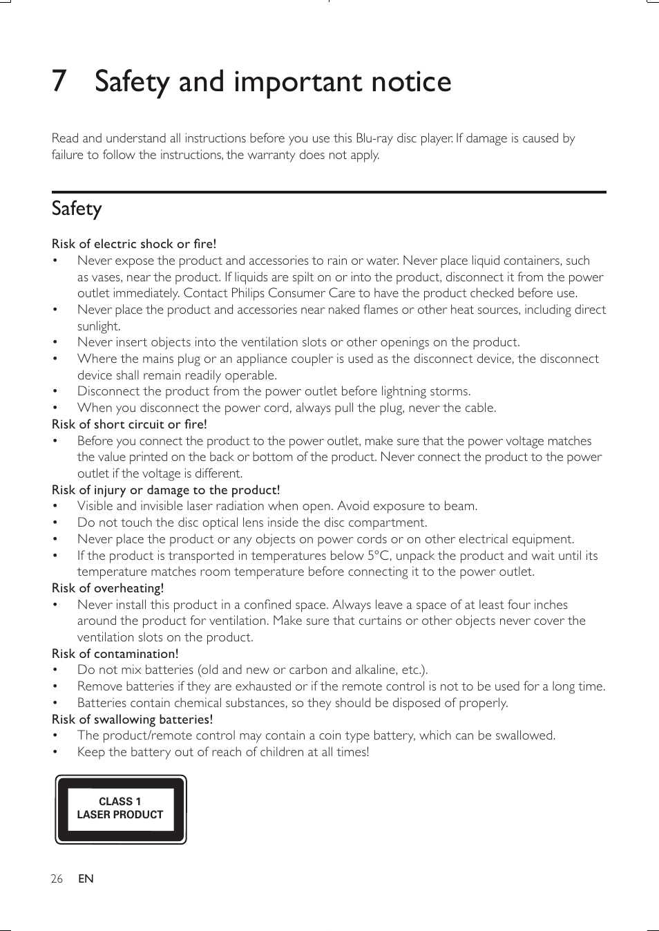 7 safety and important notice, Safety | Philips BDP3250-05 User Manual | Page 25 / 52