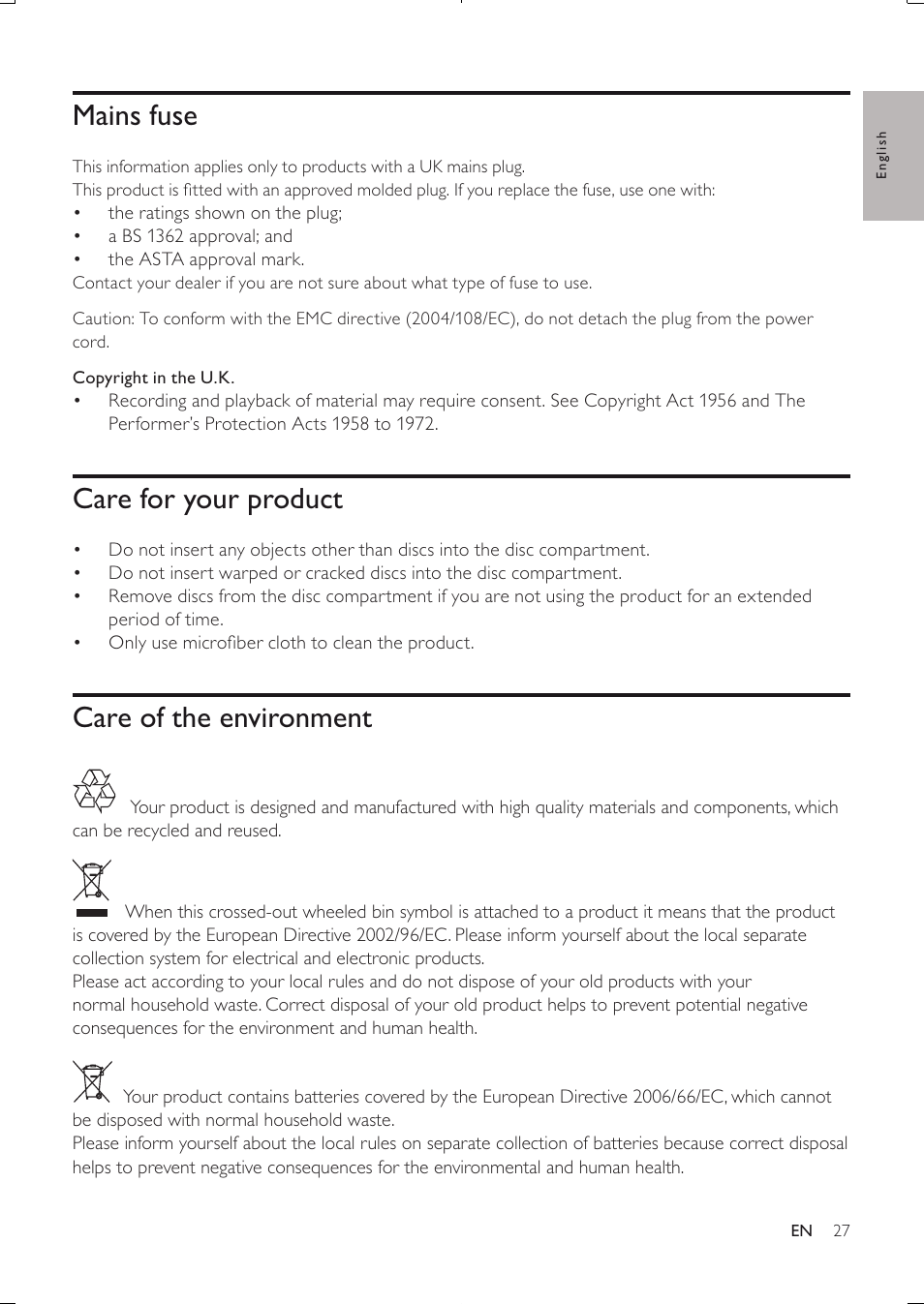 Mains fuse, Care for your product, Care of the environment | Philips BDP3250-05 User Manual | Page 26 / 52