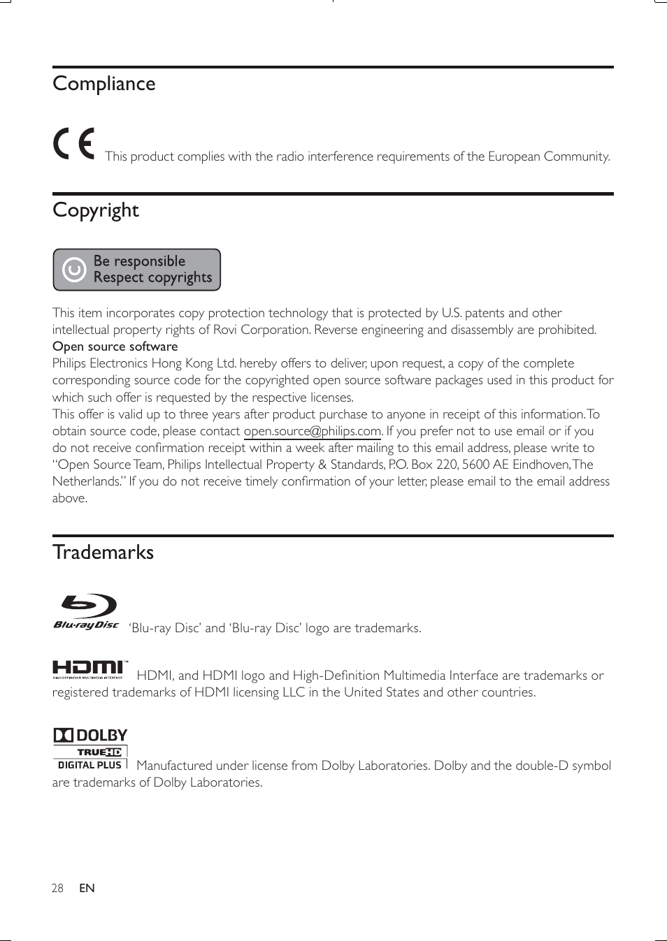 Compliance, Copyright, Trademarks | Philips BDP3250-05 User Manual | Page 27 / 52