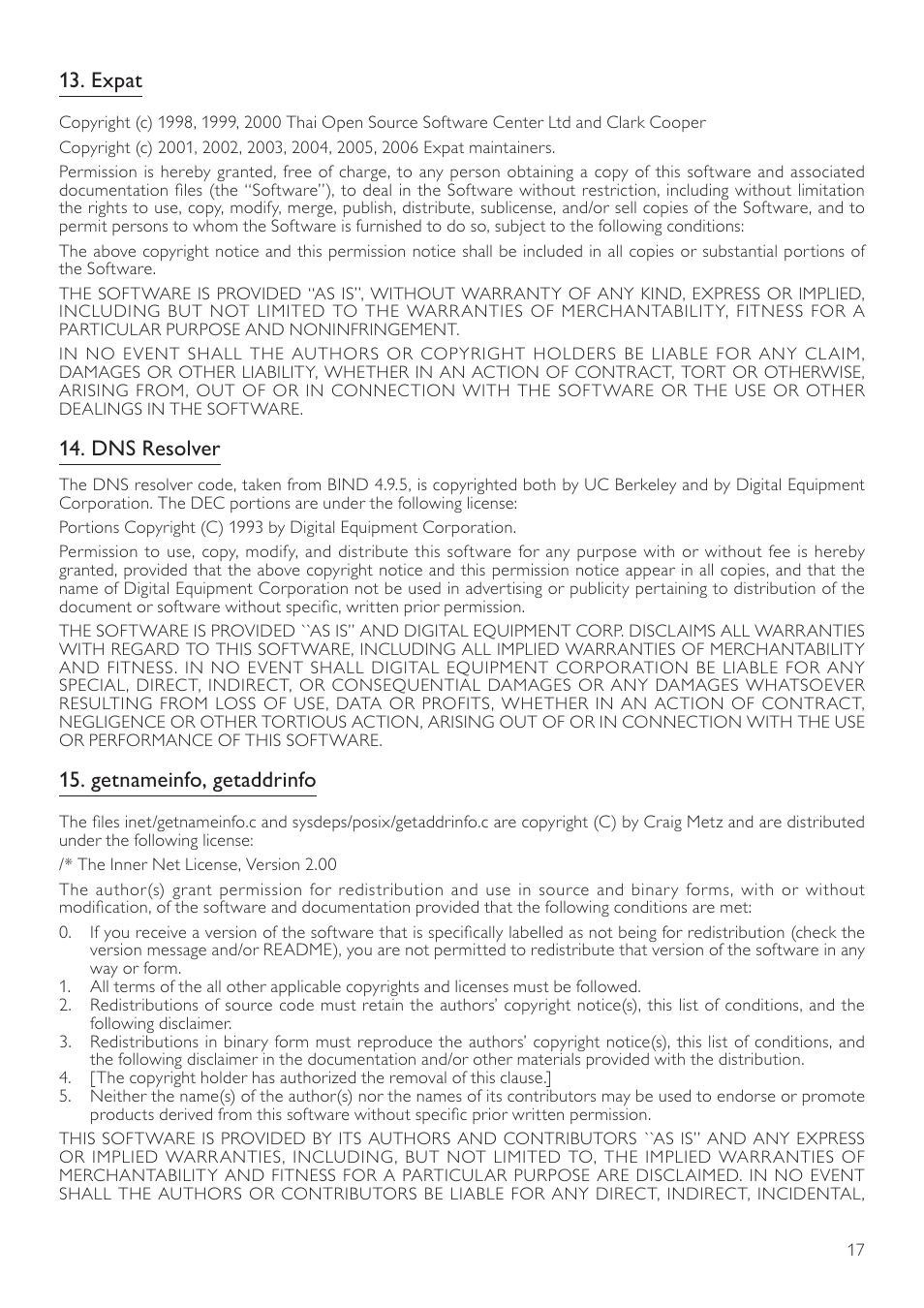 Expat, Dns resolver, Getnameinfo, getaddrinfo | Philips BDP3250-05 User Manual | Page 46 / 52