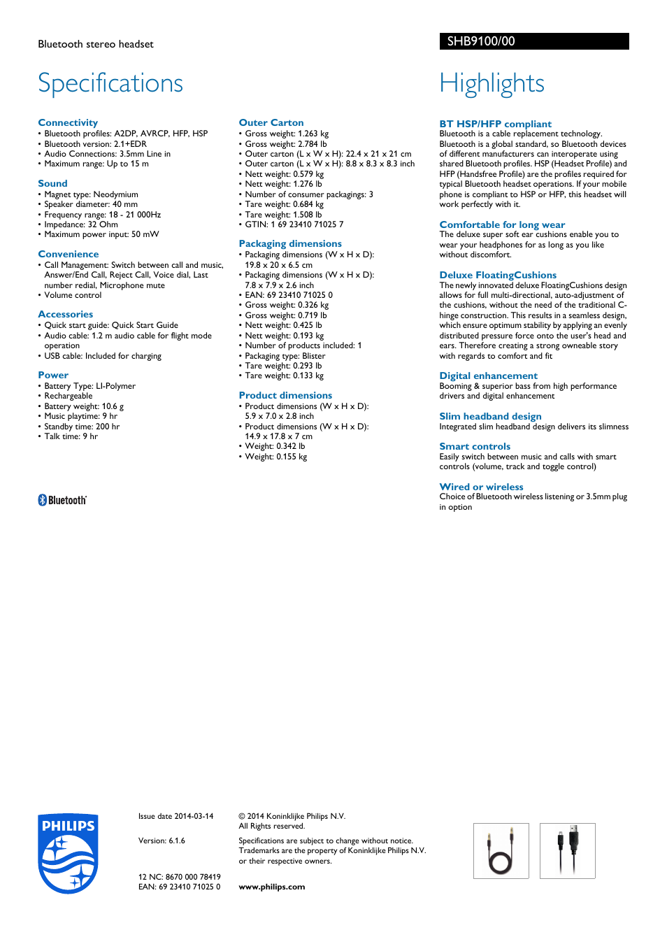 Specifications, Highlights | Philips SHB9100-00 User Manual | Page 2 / 2