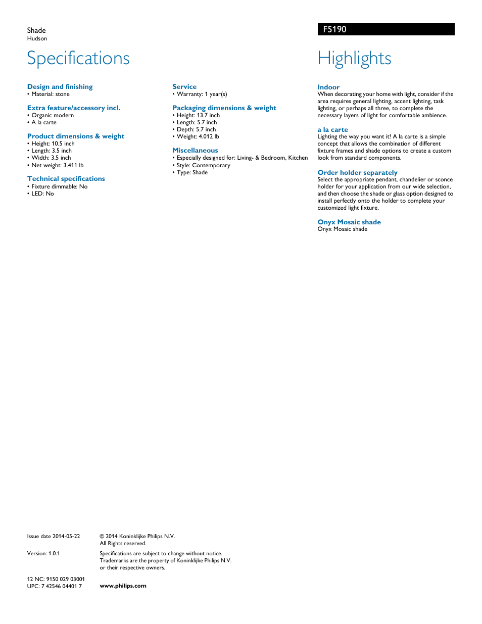 Specifications, Highlights, F5190 | Philips Forecast Shade F5190- - Hudson User Manual | Page 2 / 2