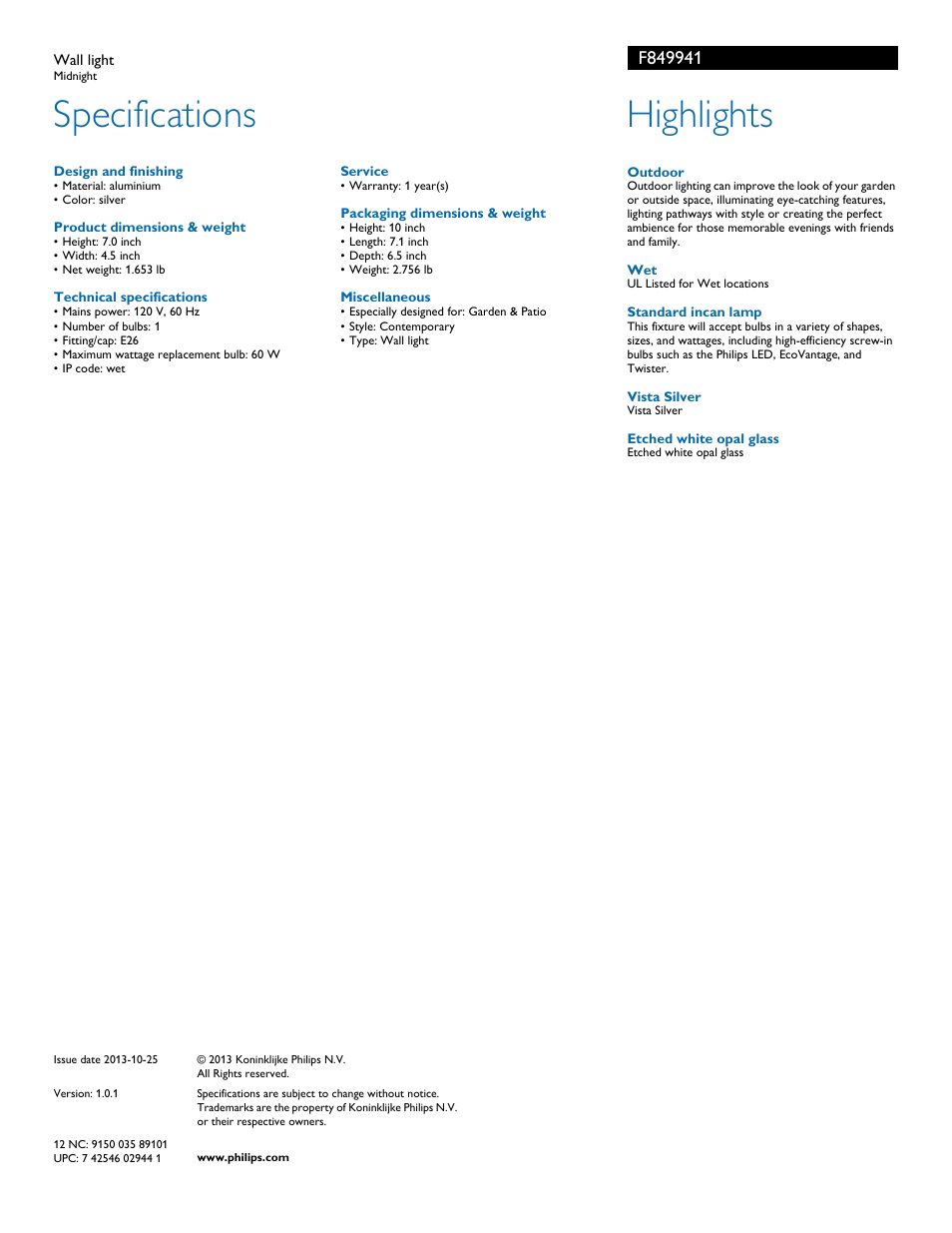 Specifications, Highlights | Philips F849941 User Manual | Page 2 / 2
