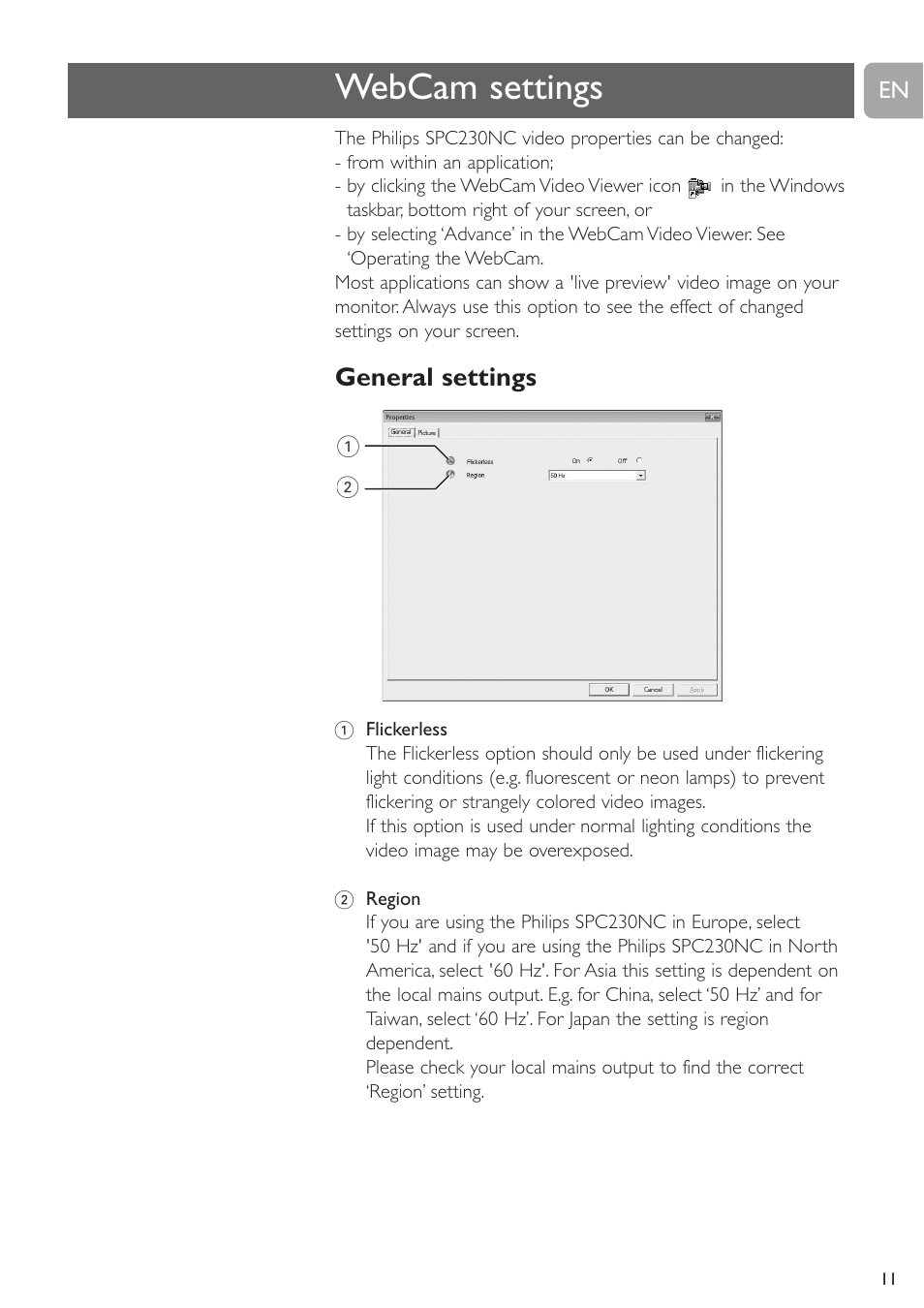 Webcam settings, General settings | Philips SPC230NC-27 User Manual | Page 11 / 20