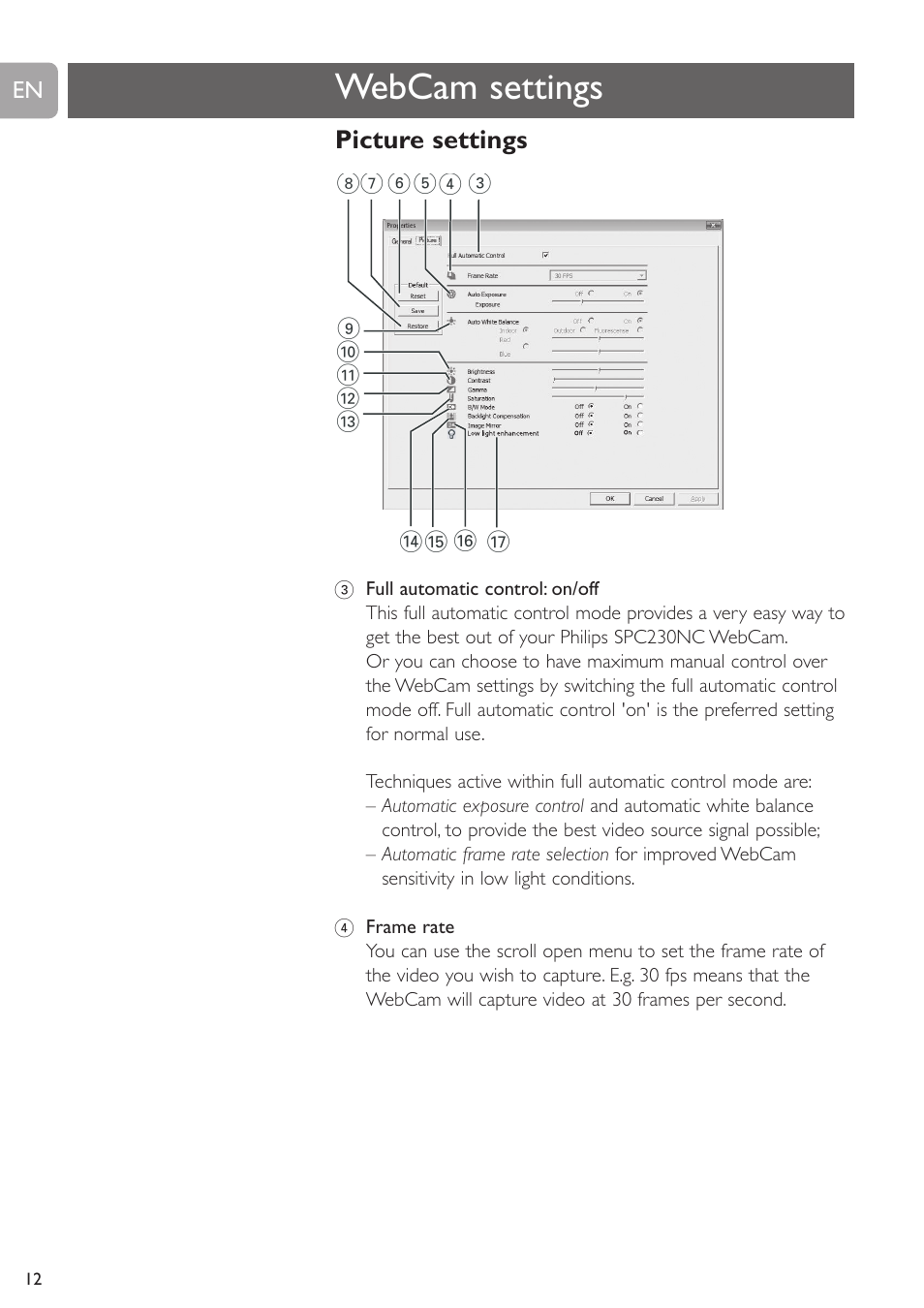 Webcam settings, Picture settings | Philips SPC230NC-27 User Manual | Page 12 / 20