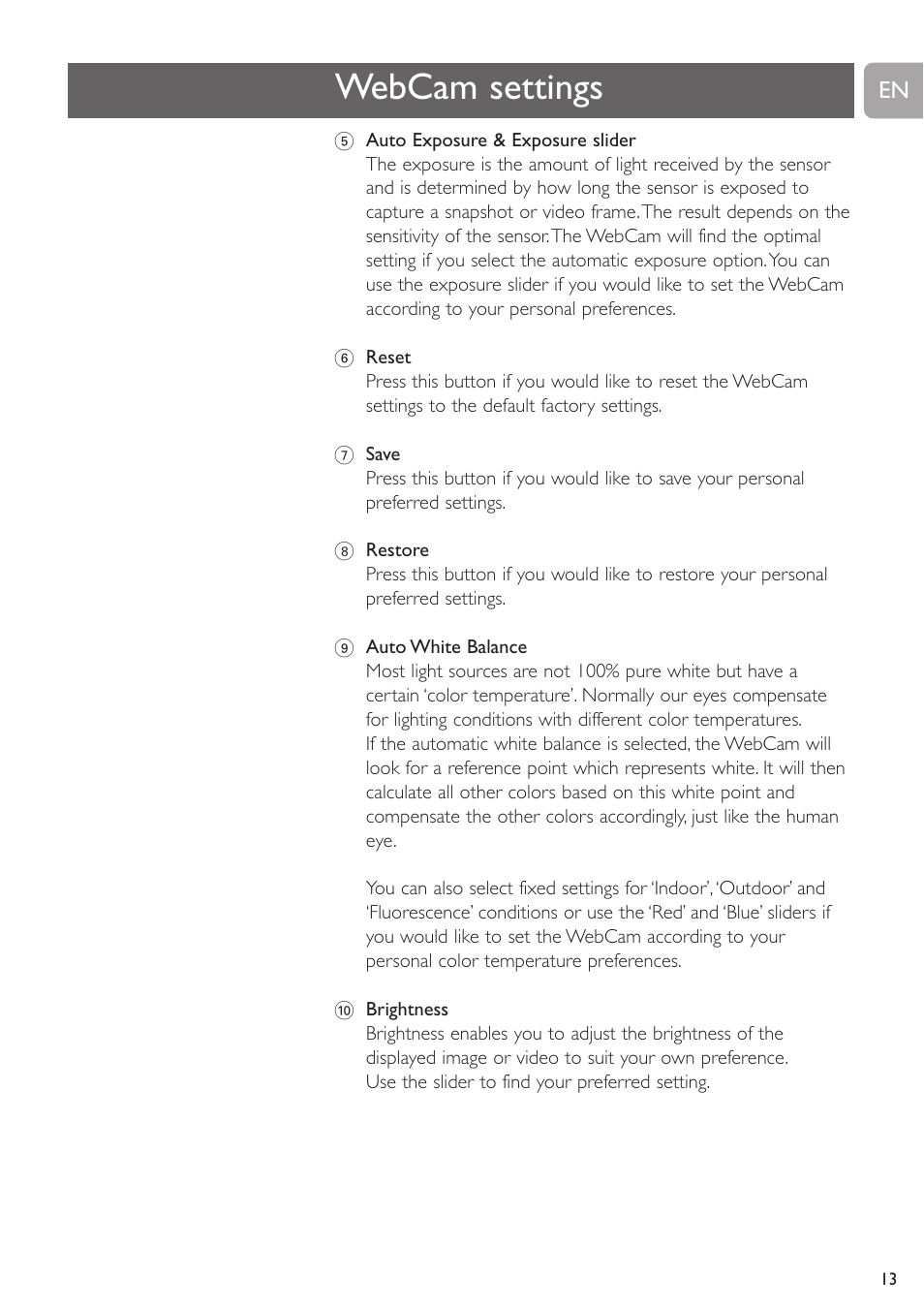 Webcam settings | Philips SPC230NC-27 User Manual | Page 13 / 20