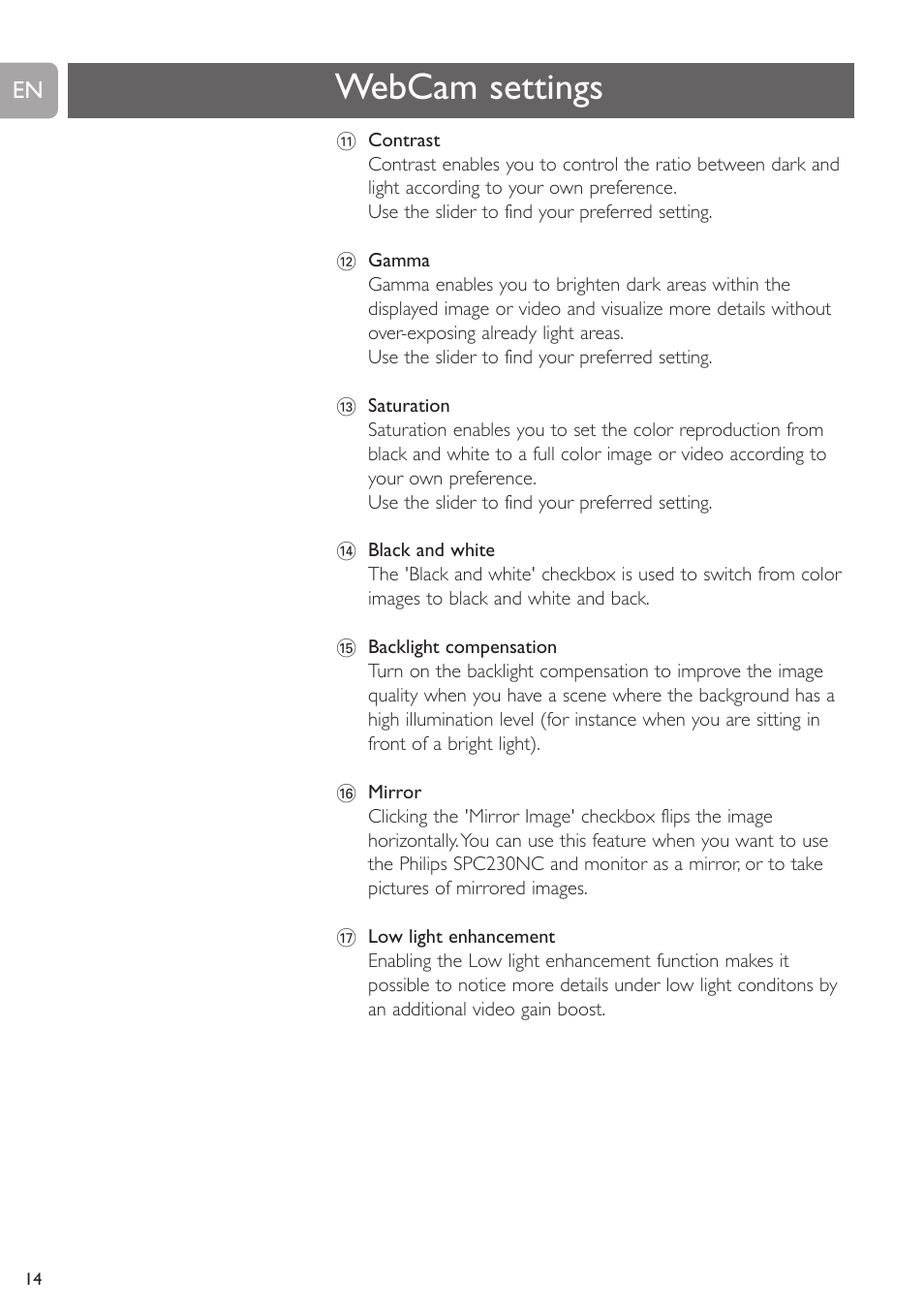 Webcam settings | Philips SPC230NC-27 User Manual | Page 14 / 20