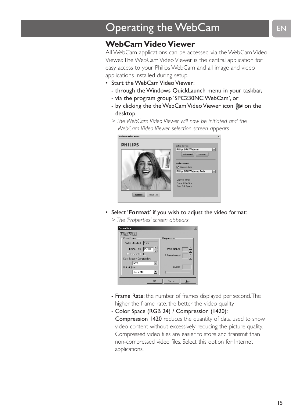 Operating the webcam, Webcam video viewer | Philips SPC230NC-27 User Manual | Page 15 / 20