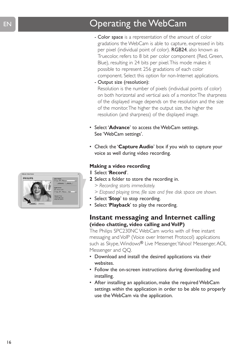 Operating the webcam, Instant messaging and internet calling | Philips SPC230NC-27 User Manual | Page 16 / 20