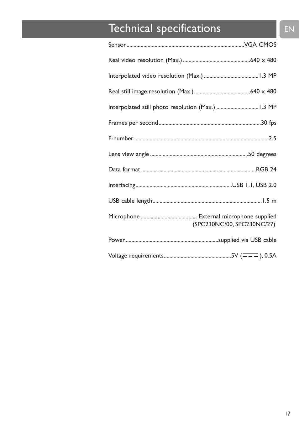 Technical specifications | Philips SPC230NC-27 User Manual | Page 17 / 20