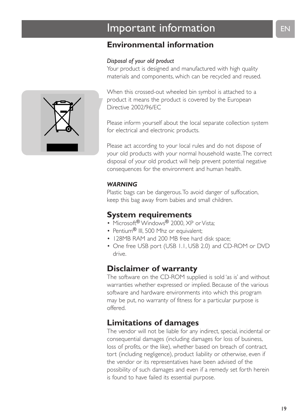 Important information, Environmental information, System requirements | Disclaimer of warranty, Limitations of damages | Philips SPC230NC-27 User Manual | Page 19 / 20