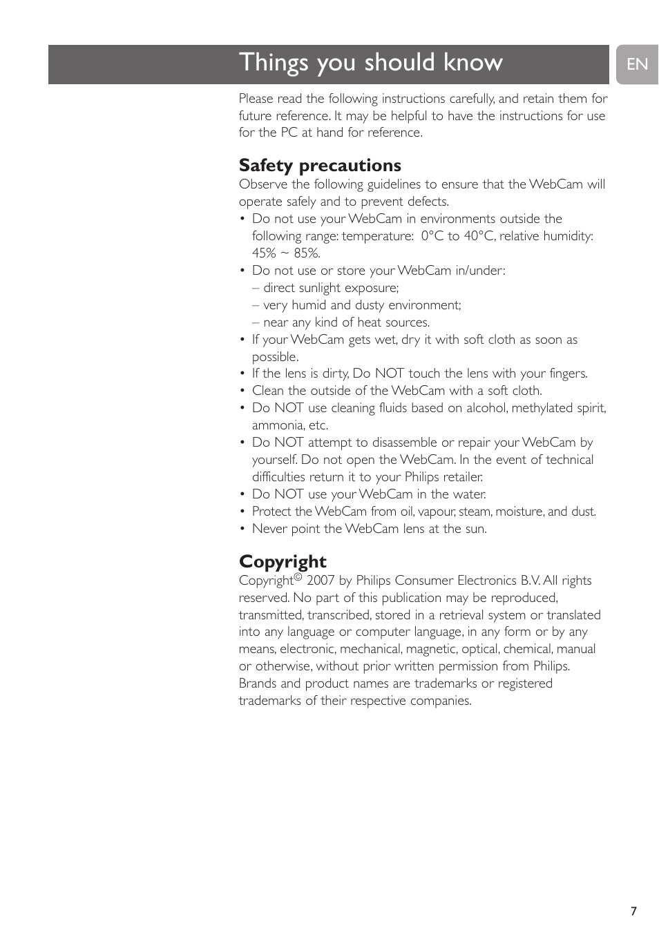 Things you should know, Safety precautions, Copyright | Philips SPC230NC-27 User Manual | Page 7 / 20