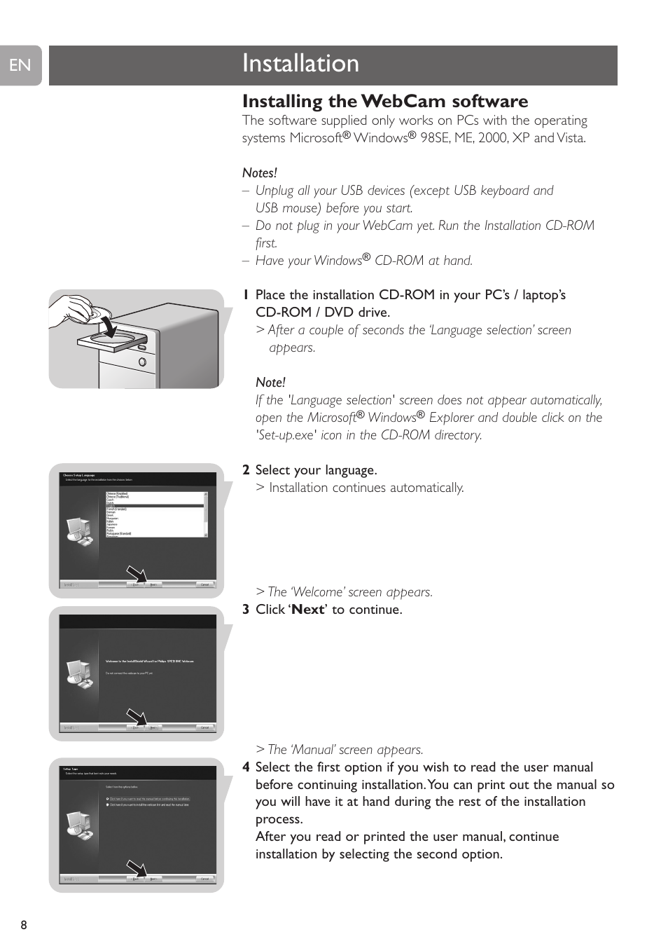 Installation, Installing the webcam software | Philips SPC230NC-27 User Manual | Page 8 / 20