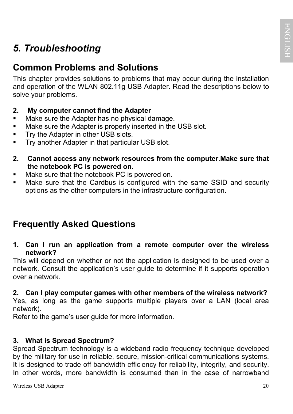 Troubleshooting, Common problems and solutions, Frequently asked questions | Engl ish | Atlantis Land A02-UP-W54 User Manual | Page 27 / 75