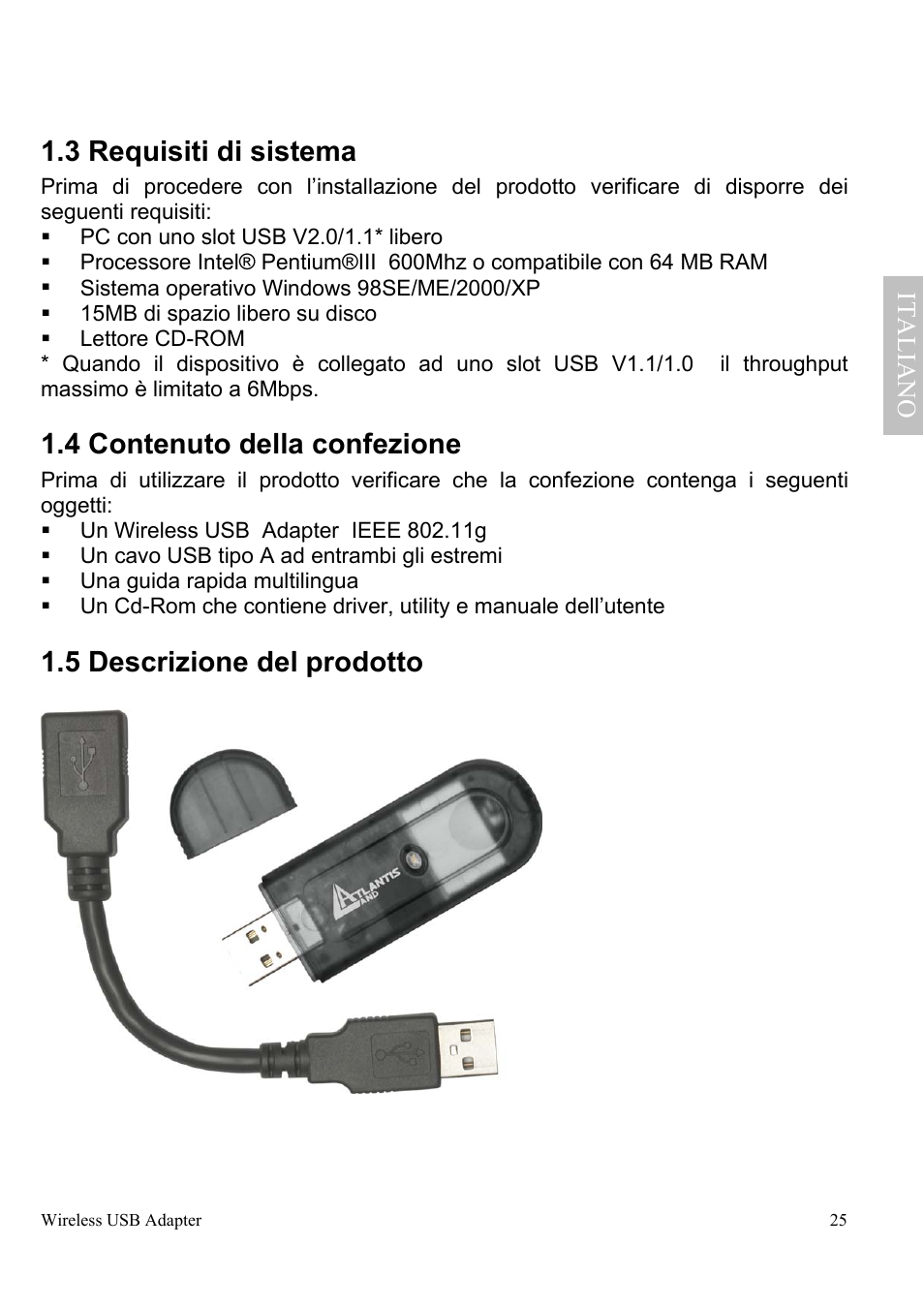3 requisiti di sistema, 4 contenuto della confezione, 5 descrizione del prodotto | Ital iano | Atlantis Land A02-UP-W54 User Manual | Page 32 / 75