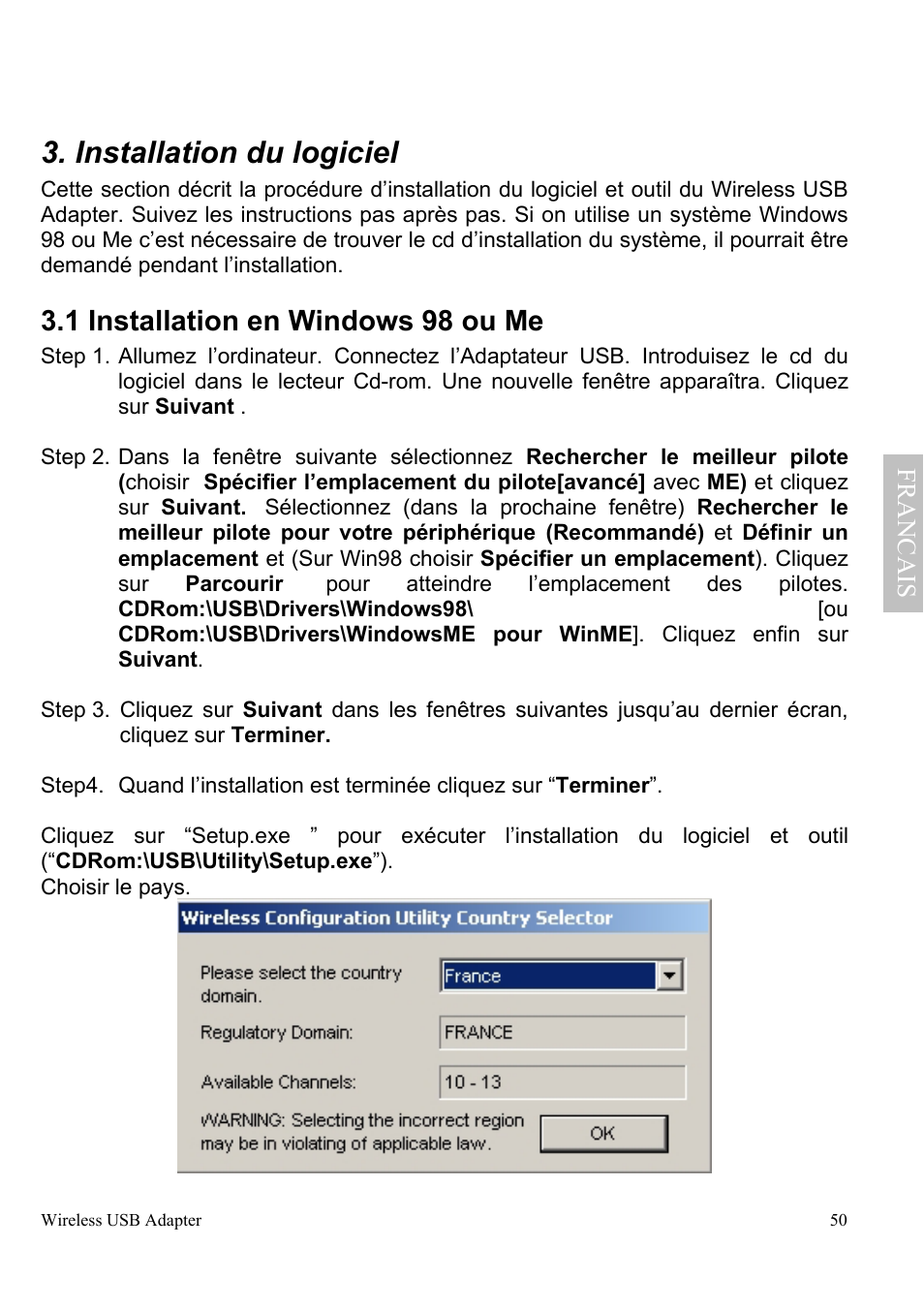 Installation du logiciel, 1 installation en windows 98 ou me | Atlantis Land A02-UP-W54 User Manual | Page 57 / 75
