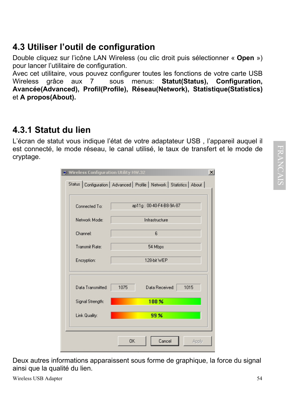 3 utiliser l’outil de configuration, 1 statut du lien | Atlantis Land A02-UP-W54 User Manual | Page 61 / 75