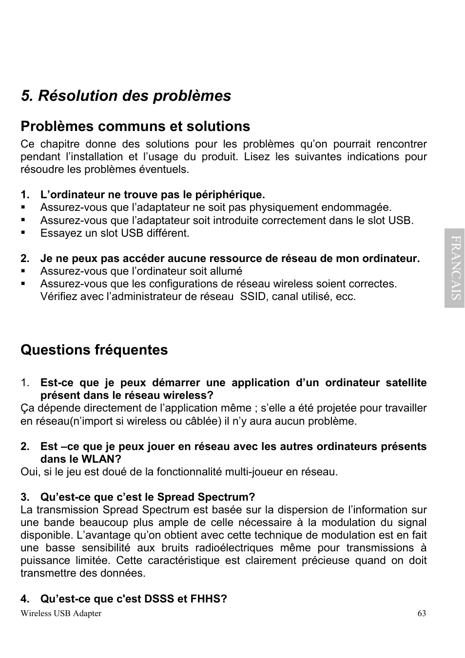 Résolution des problèmes, Problèmes communs et solutions, Questions fréquentes | Franc a is | Atlantis Land A02-UP-W54 User Manual | Page 70 / 75