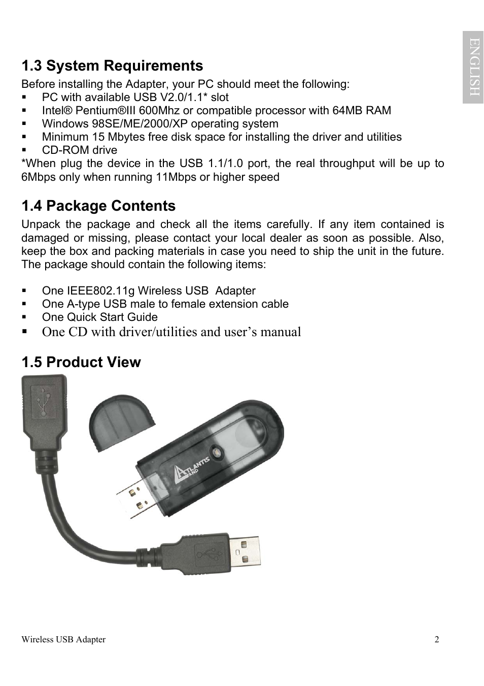 3 system requirements, 4 package contents, 5 product view | Engl ish, One cd with driver/utilities and user’s manual | Atlantis Land A02-UP-W54 User Manual | Page 9 / 75