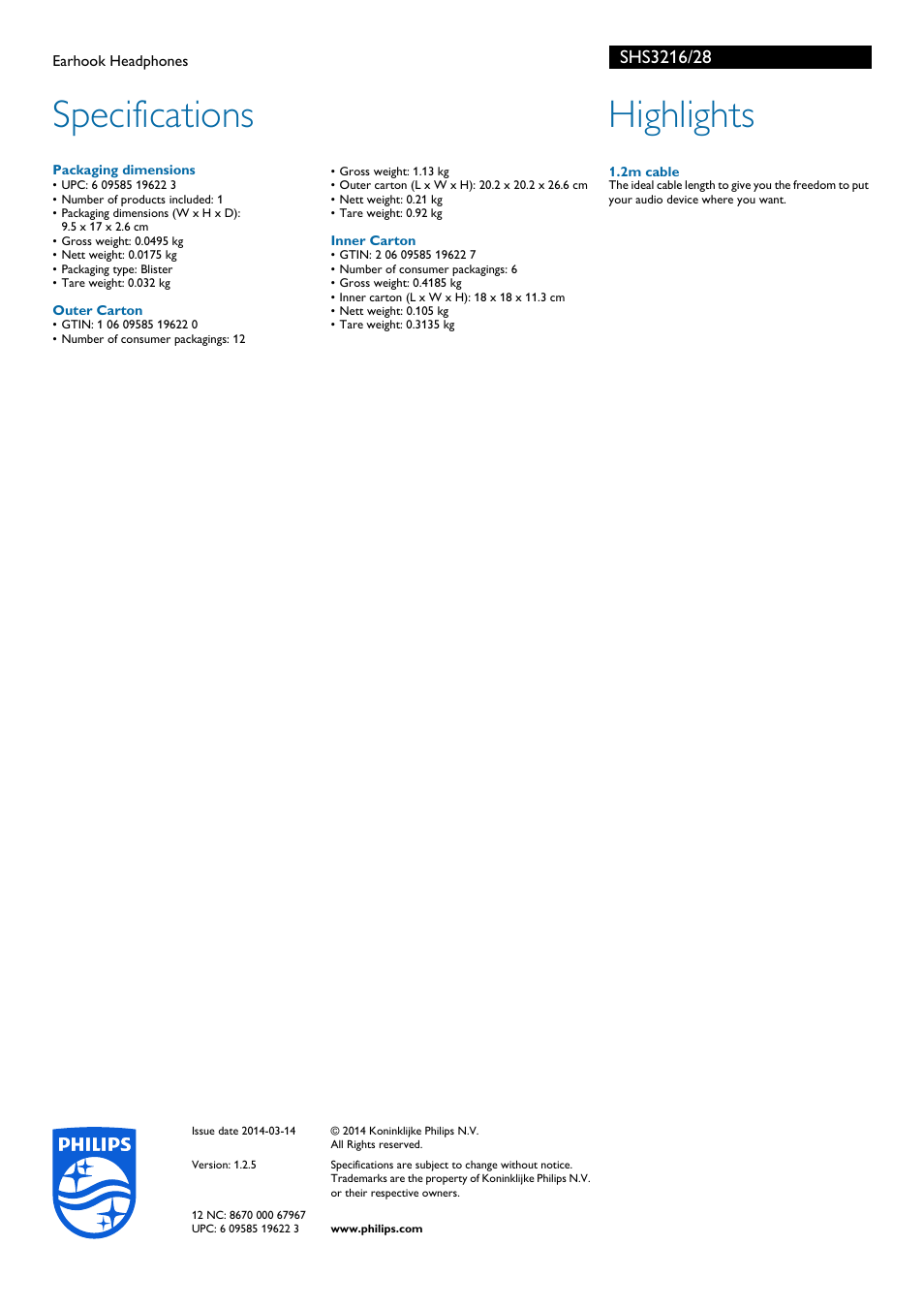 Specifications, Highlights | Philips SHS3216-28 User Manual | Page 2 / 2