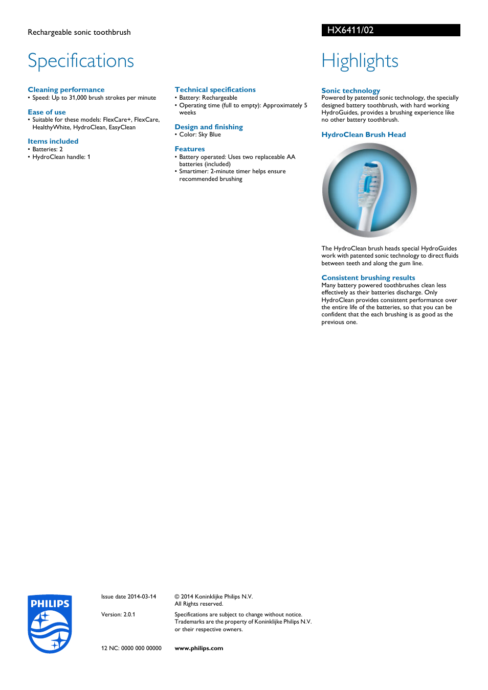 Specifications, Highlights | Philips Sonicare HydroClean Rechargeable sonic toothbrush HX6411 User Manual | Page 2 / 2