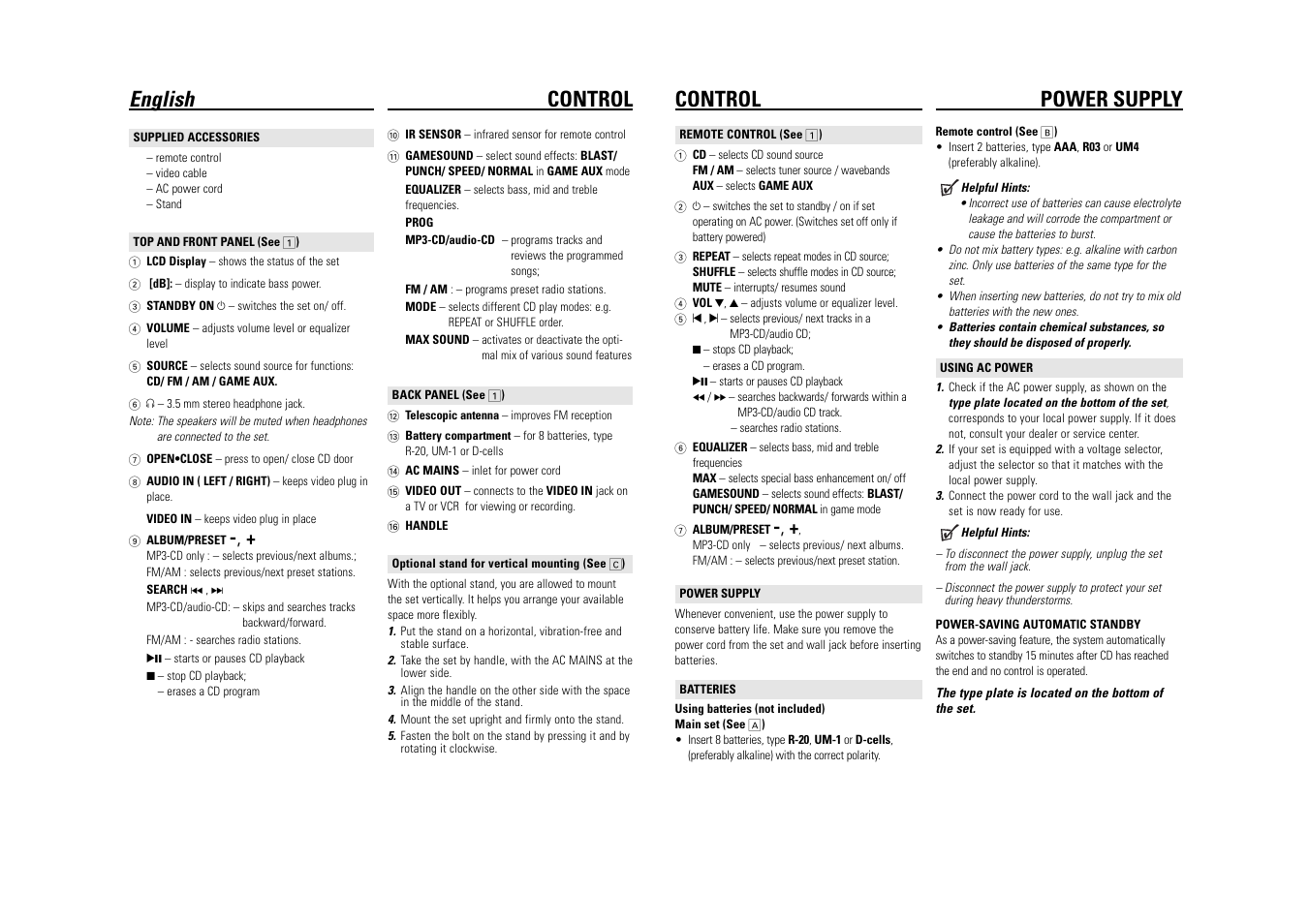 Control power supply, English control | Philips AZ2537-17B User Manual | Page 4 / 9