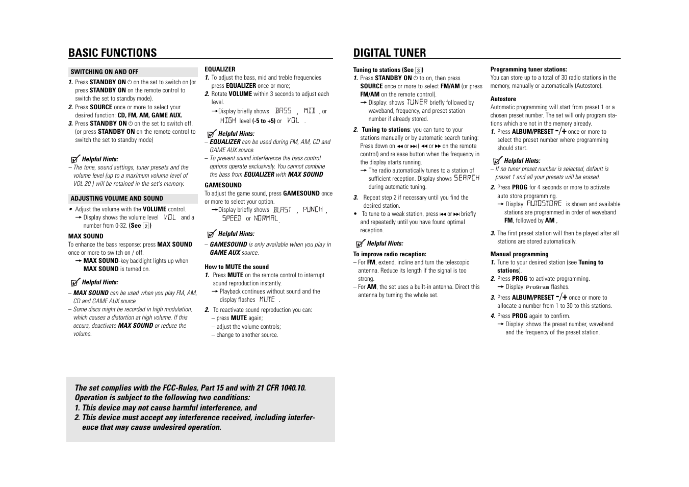 Basic functions, Digital tuner | Philips AZ2537-17B User Manual | Page 5 / 9