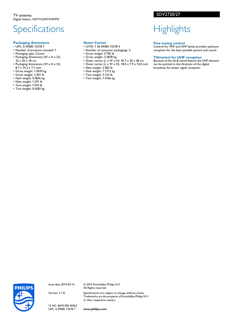 Specifications, Highlights | Philips SDV2720-27 User Manual | Page 2 / 2