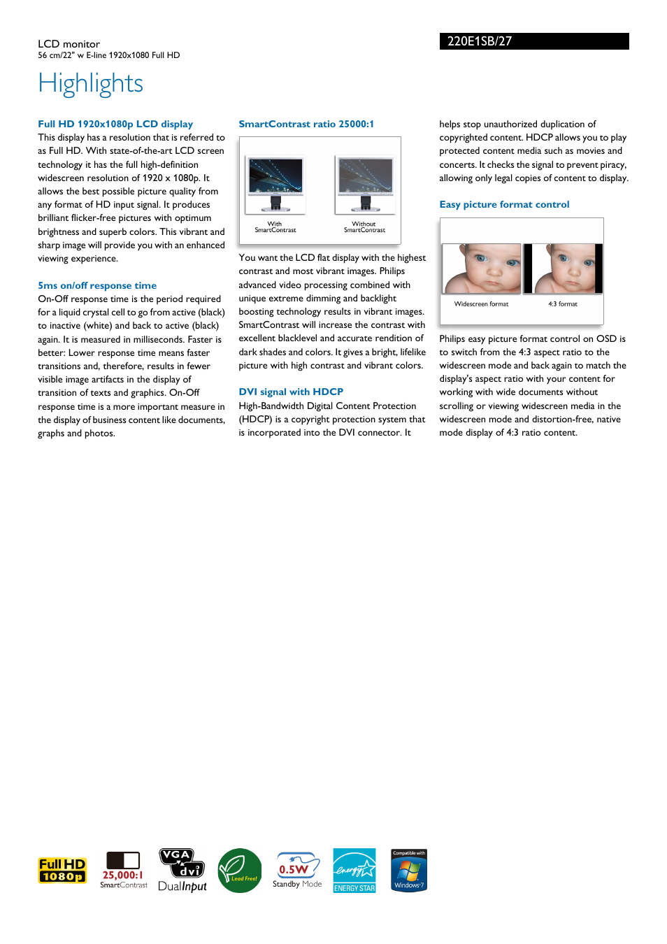 Highlights | Philips 220E1SB-27 User Manual | Page 2 / 3