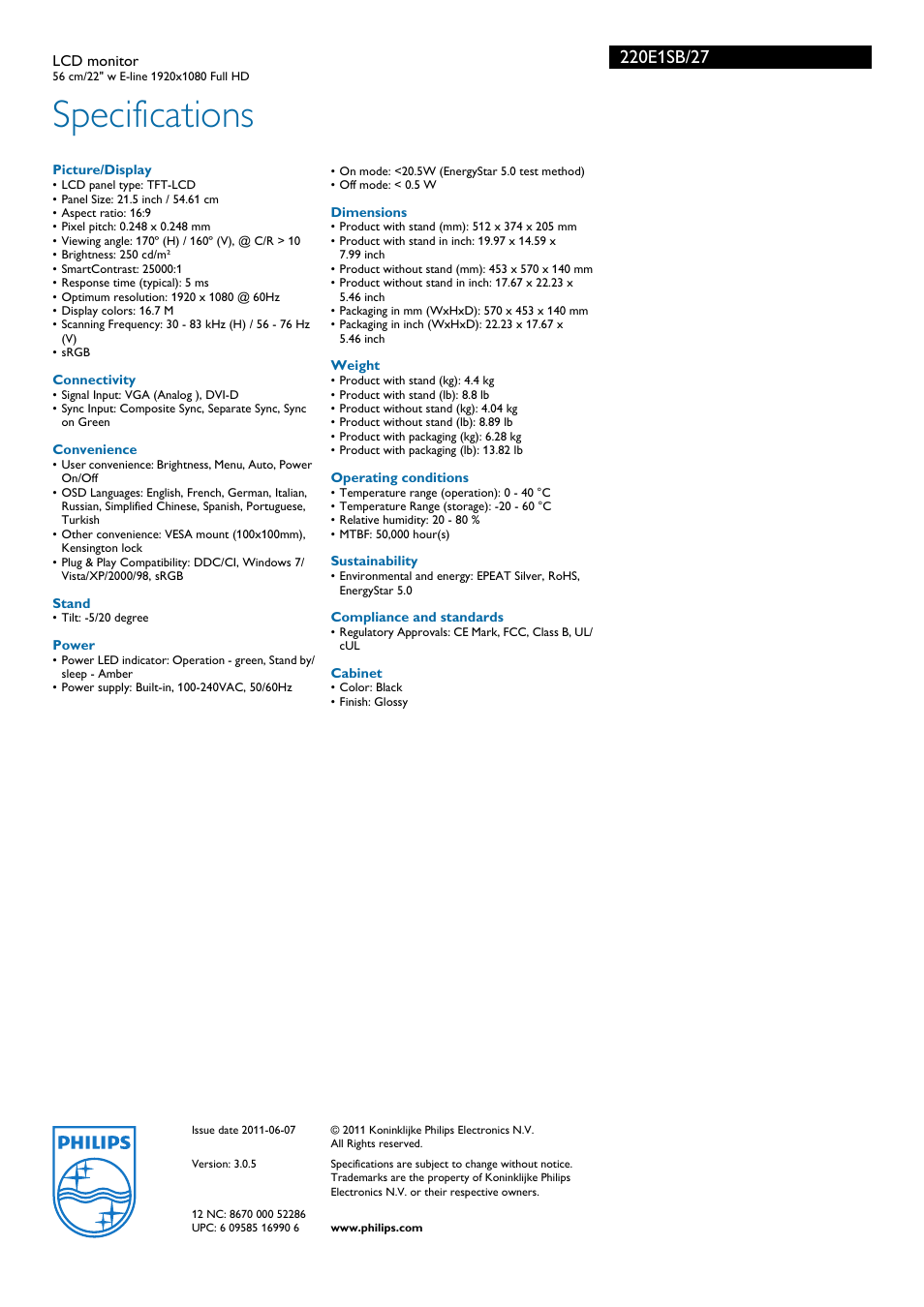 Specifications | Philips 220E1SB-27 User Manual | Page 3 / 3