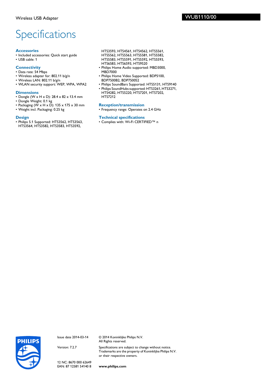 Specifications | Philips WUB1110-00 User Manual | Page 2 / 2