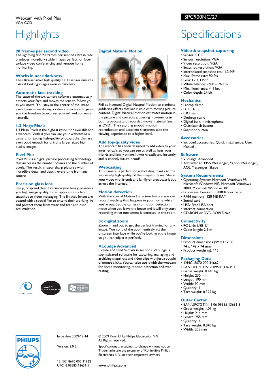 Highlights, Specifications | Philips SPC900NC-27 User Manual | Page 2 / 2