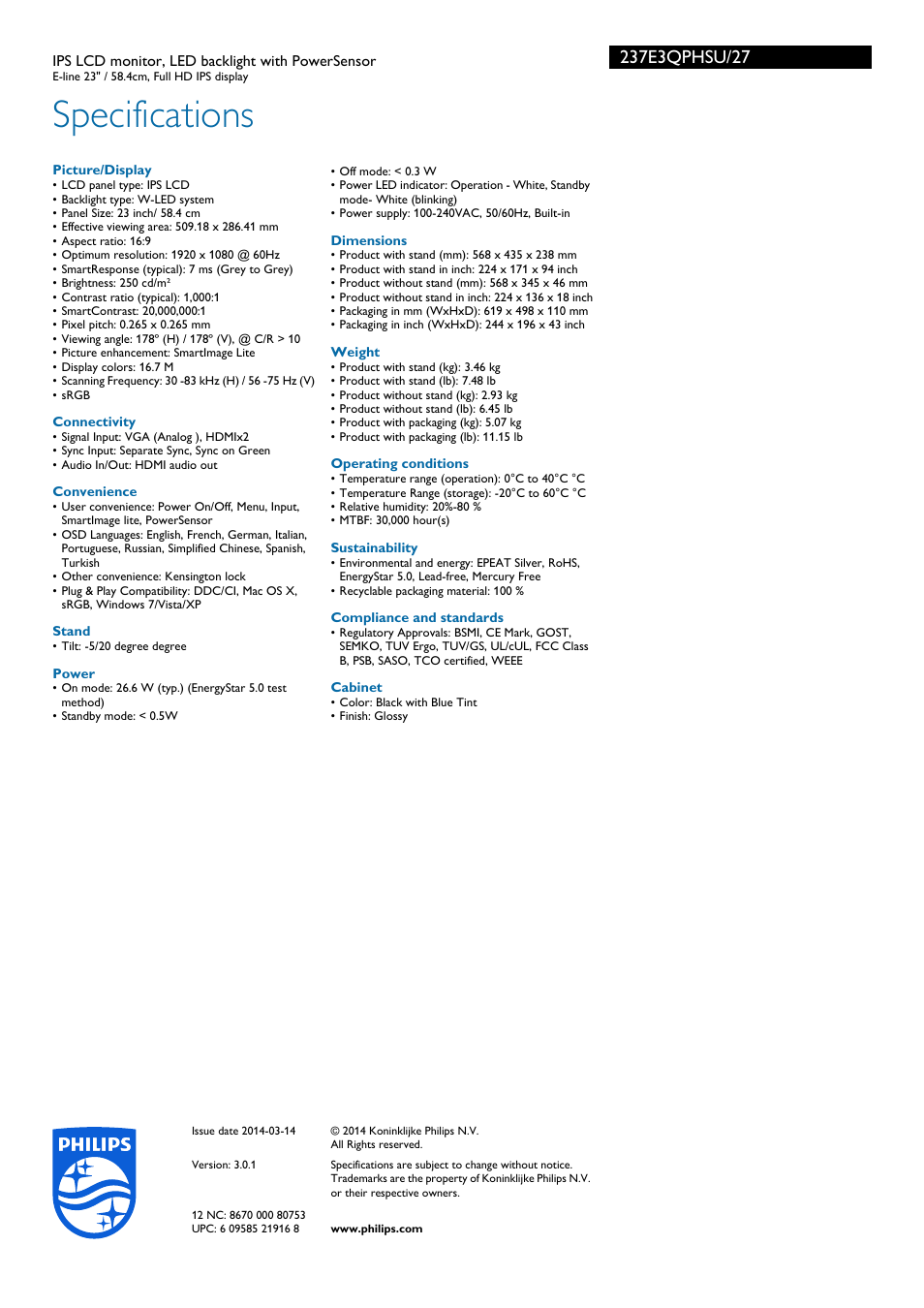 Specifications | Philips 237E3QPHSU-27 User Manual | Page 3 / 3