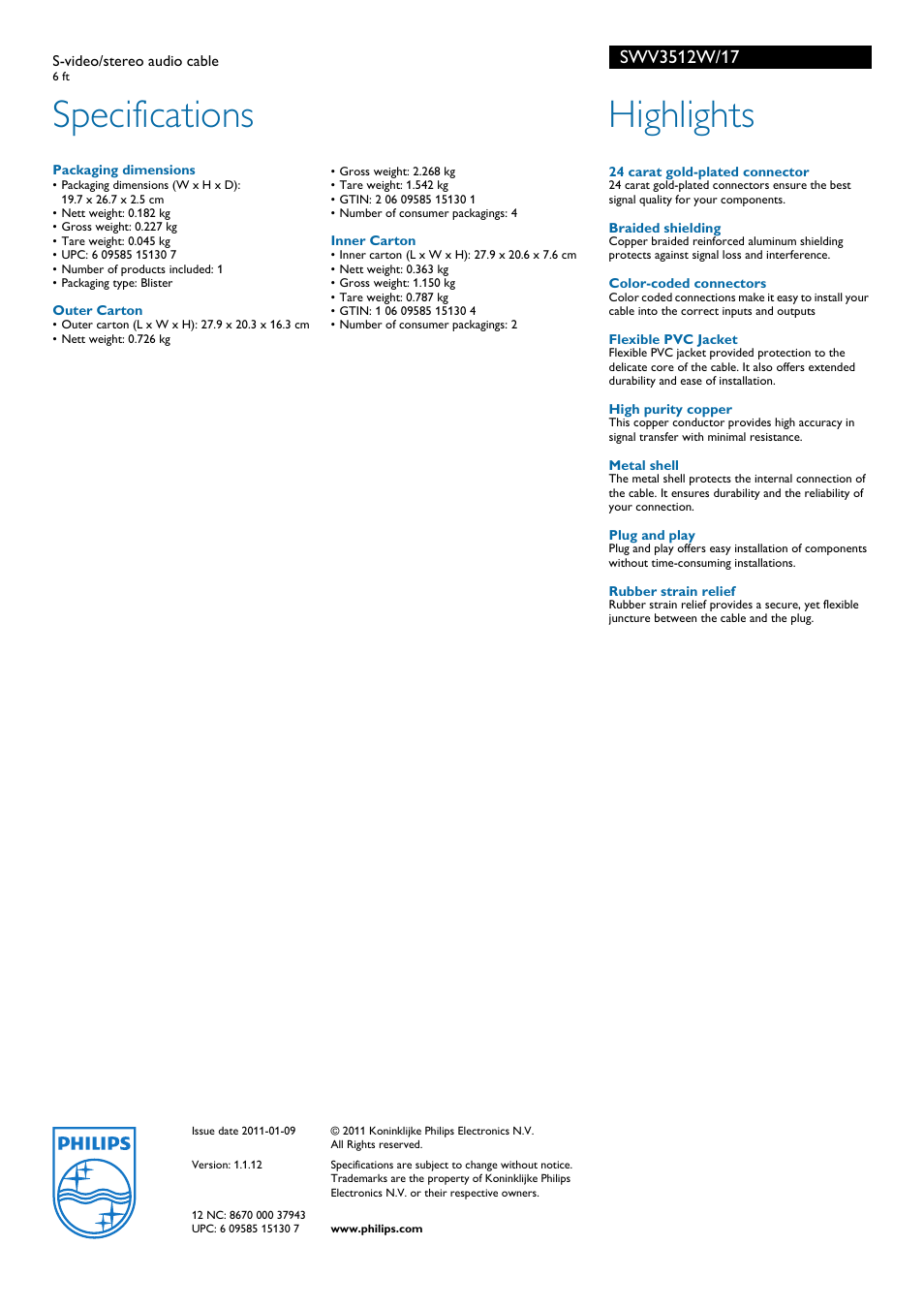 Specifications, Highlights | Philips SWV3512W-17 User Manual | Page 2 / 2