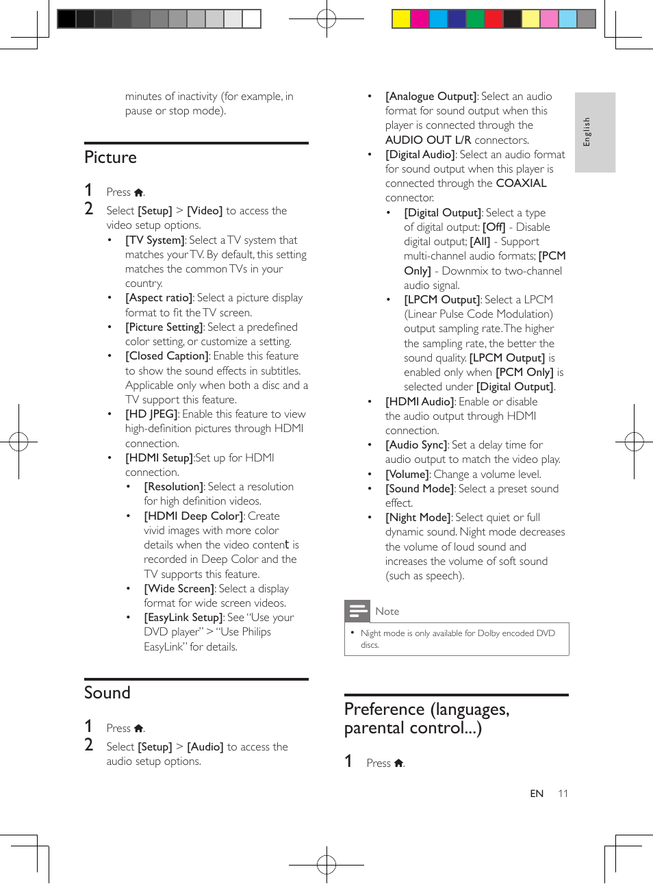 Use philips easylink, Picture, Sound | Preference (languages, parental control...), Preference (languages, parental, Control...), Picture 1, Sound 1, Preference (languages, parental control...) 1 | Philips DVP2880-F7 User Manual | Page 11 / 18